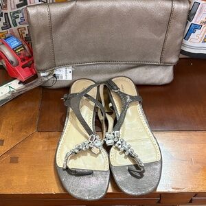 Adrienne Vittadini Metallic Sandals with Jewel Accents and clutch bundle.